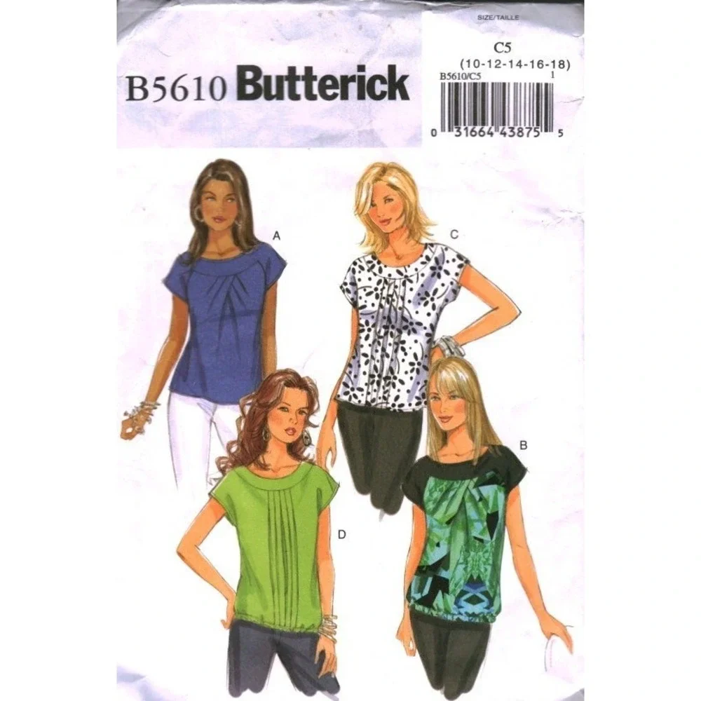 Butterick B5610 Sewing Pattern Misses Pleated Pullover Tops Size 10-14 Easy CUT